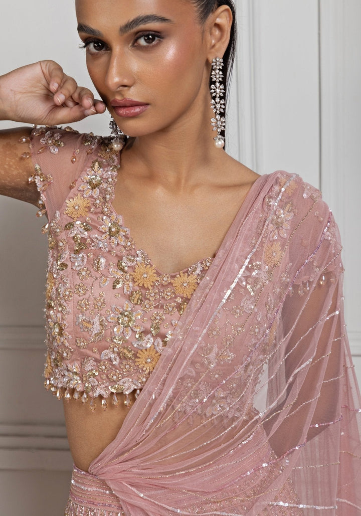 Peach Sequin Embroidered Mermaid Lehenga Set Smriti - Fabilicious Fashion