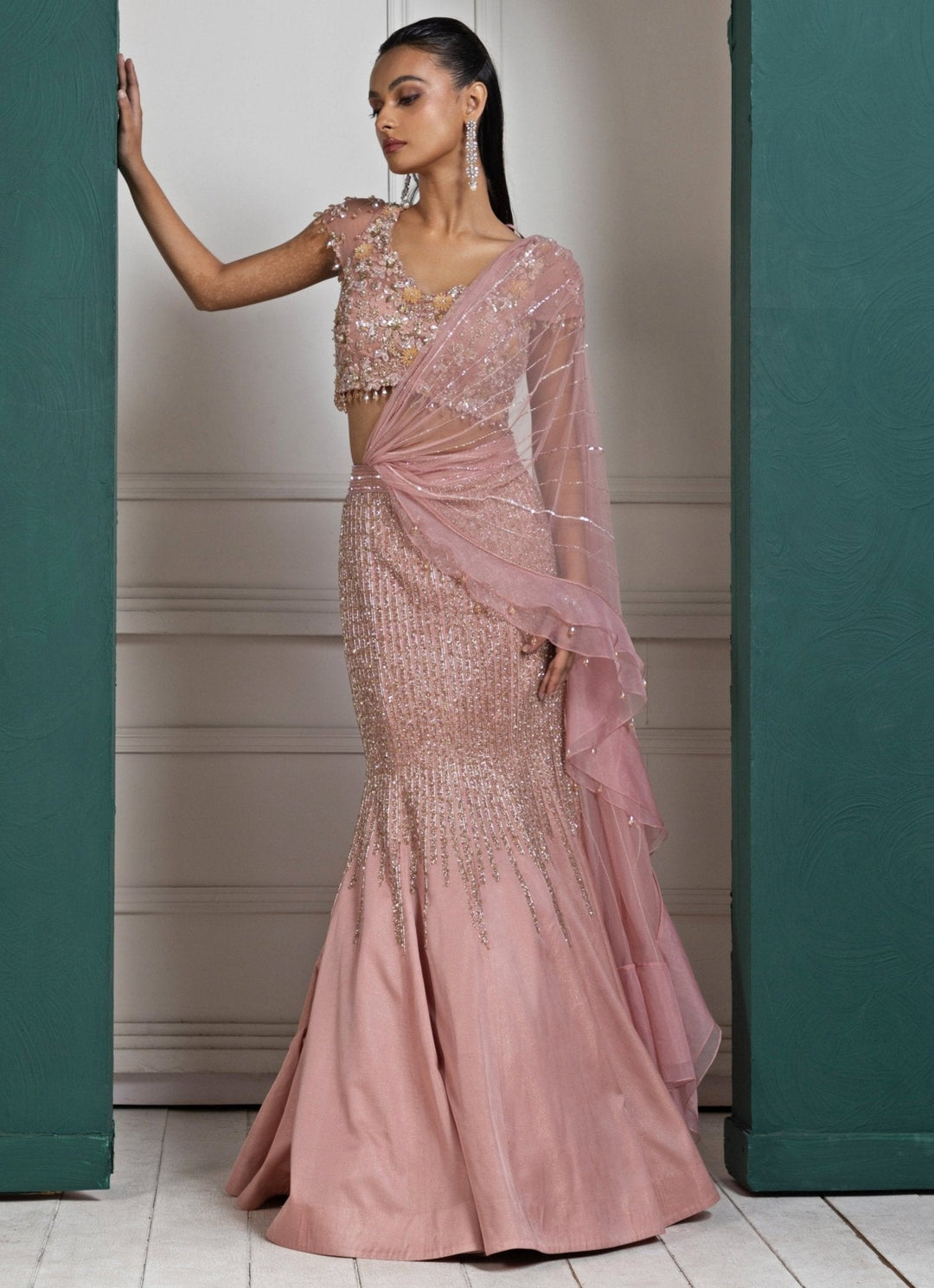 Peach Sequin Embroidered Mermaid Lehenga Set Smriti - Fabilicious Fashion