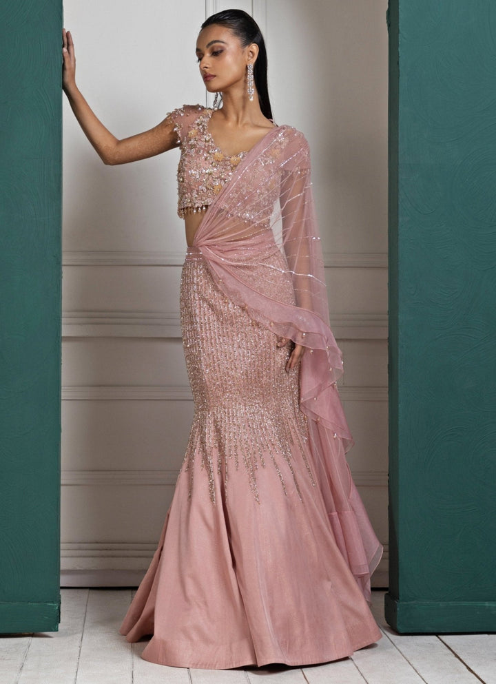 Peach Sequin Embroidered Mermaid Lehenga Set Smriti - Fabilicious Fashion