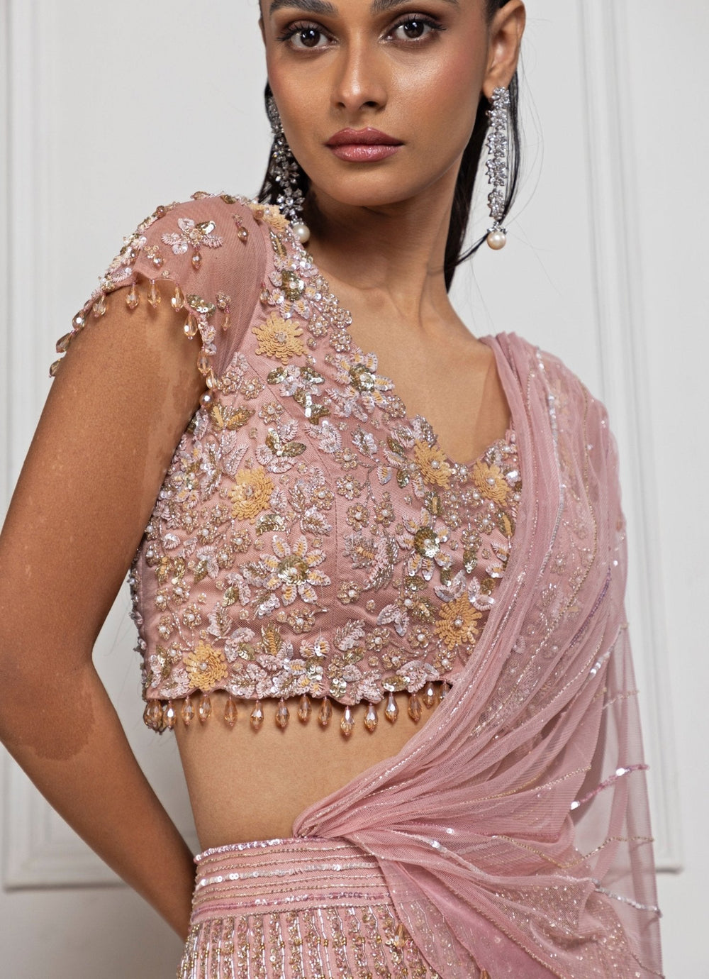 Peach Sequin Embroidered Mermaid Lehenga Set Smriti - Fabilicious Fashion