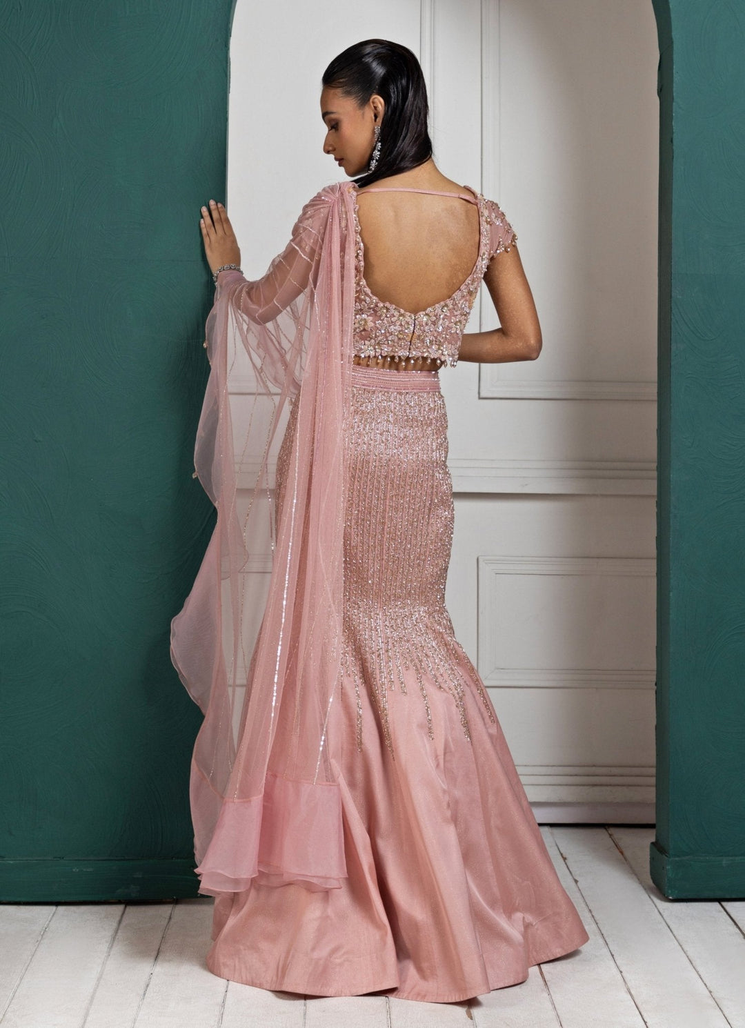 Peach Sequin Embroidered Mermaid Lehenga Set Smriti - Fabilicious Fashion