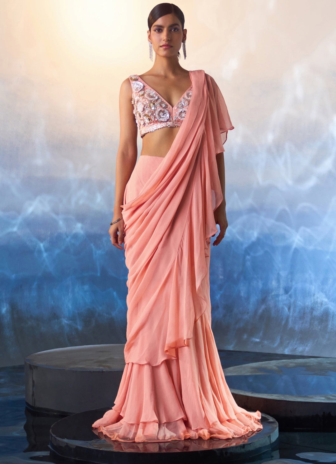 Peach Sequined Georgette Pre Draped Saree Angad Singh - Fabilicious Fashion