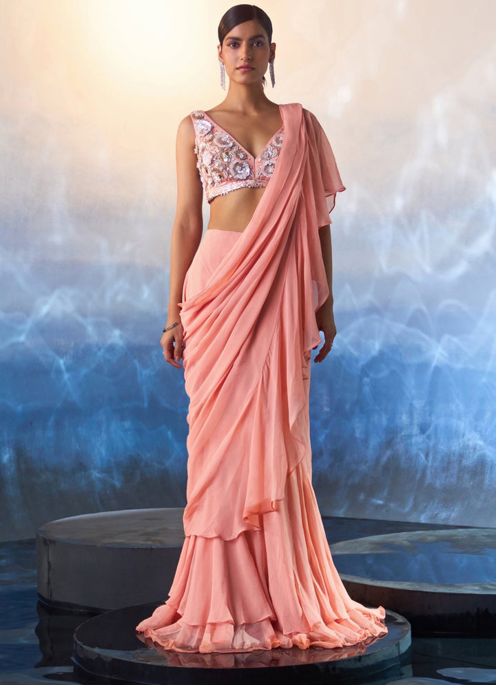 Peach Sequined Georgette Pre Draped Saree Angad Singh - Fabilicious Fashion