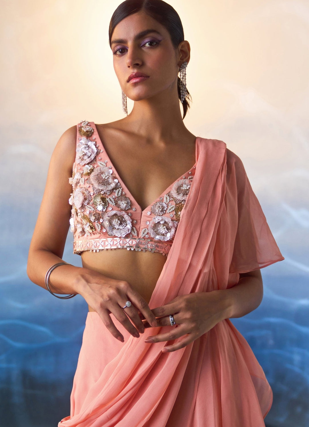 Peach Sequined Georgette Pre Draped Saree Angad Singh - Fabilicious Fashion