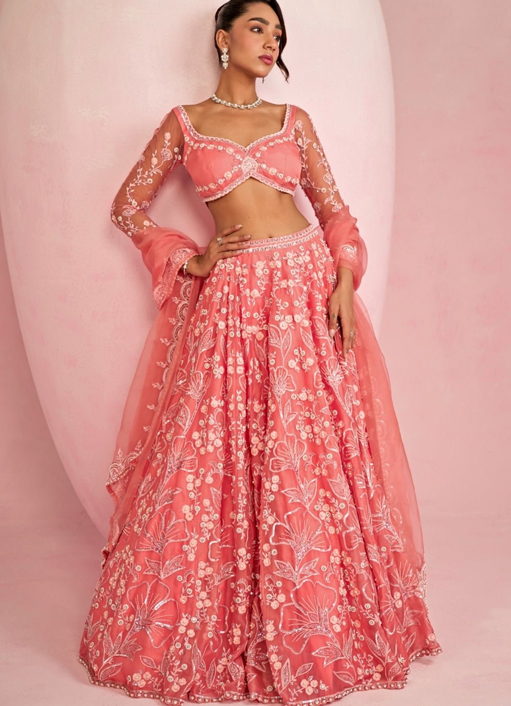 Peach Sequins Embroidered Organza Lehenga Set Prevasu - Fabilicious Fashion