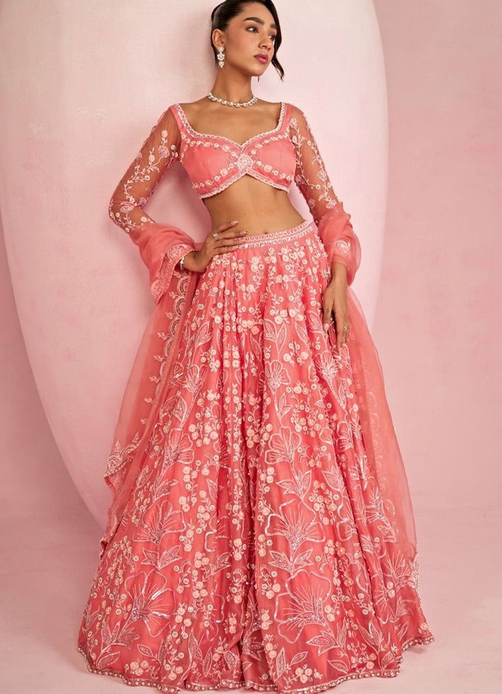 Peach Sequins Embroidered Organza Lehenga Set Prevasu - Fabilicious Fashion