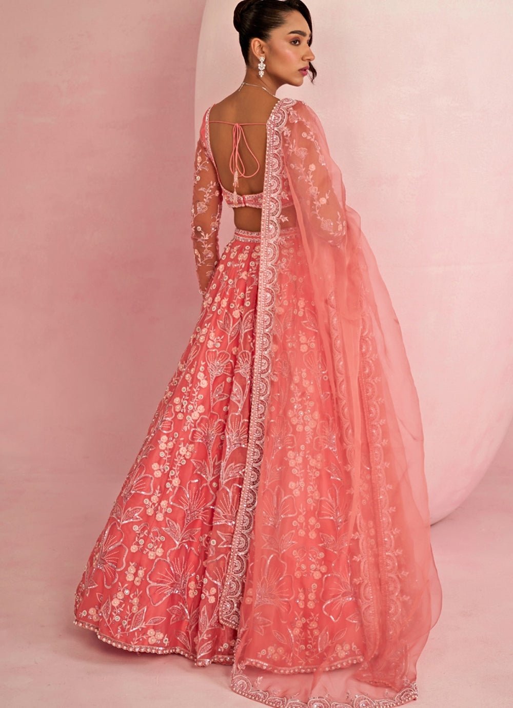 Peach Sequins Embroidered Organza Lehenga Set Prevasu - Fabilicious Fashion