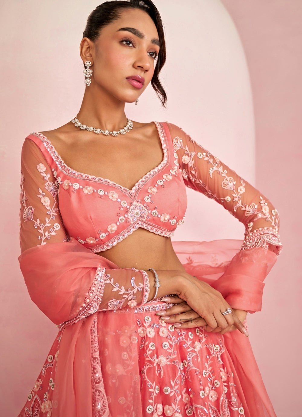 Peach Sequins Embroidered Organza Lehenga Set Prevasu - Fabilicious Fashion