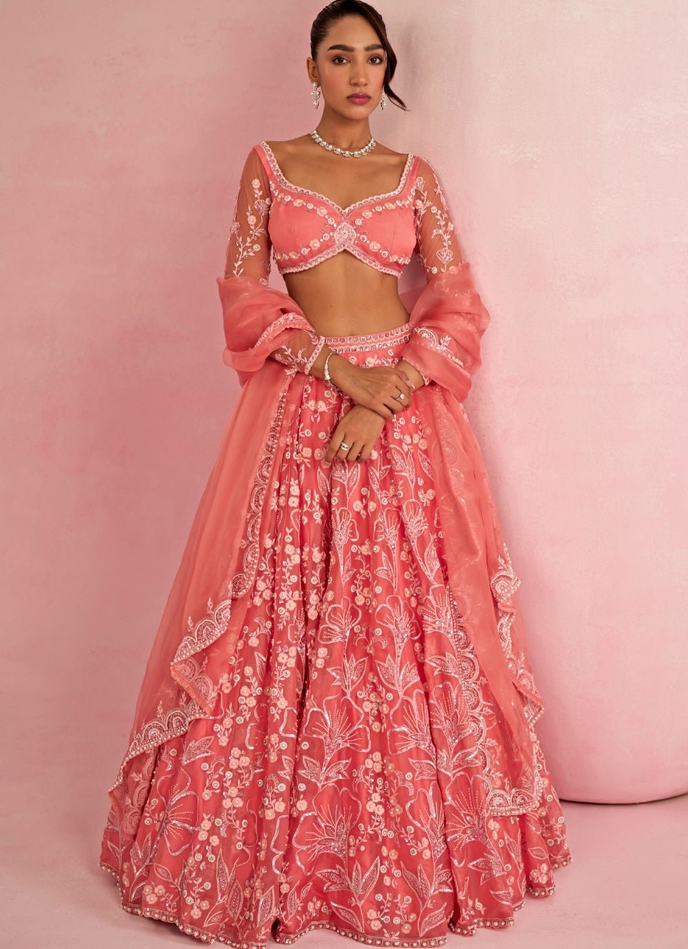 Peach Sequins Embroidered Organza Lehenga Set Prevasu - Fabilicious Fashion
