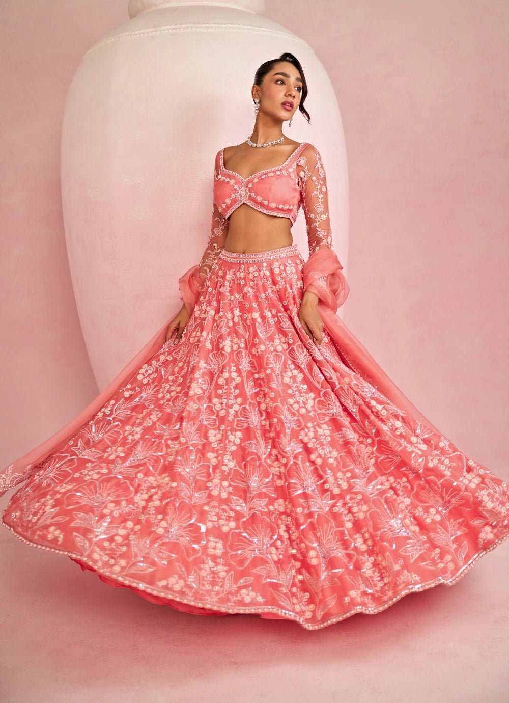 Peach Sequins Embroidered Organza Lehenga Set Prevasu - Fabilicious Fashion