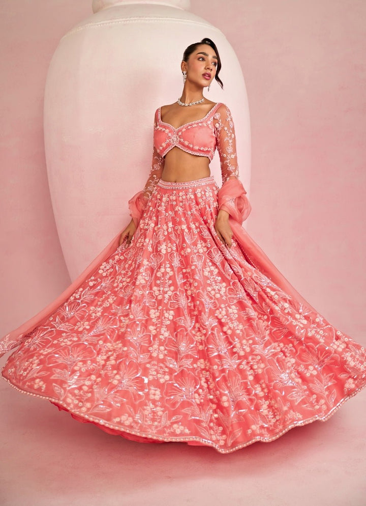 Peach Sequins Embroidered Organza Lehenga Set Prevasu - Fabilicious Fashion