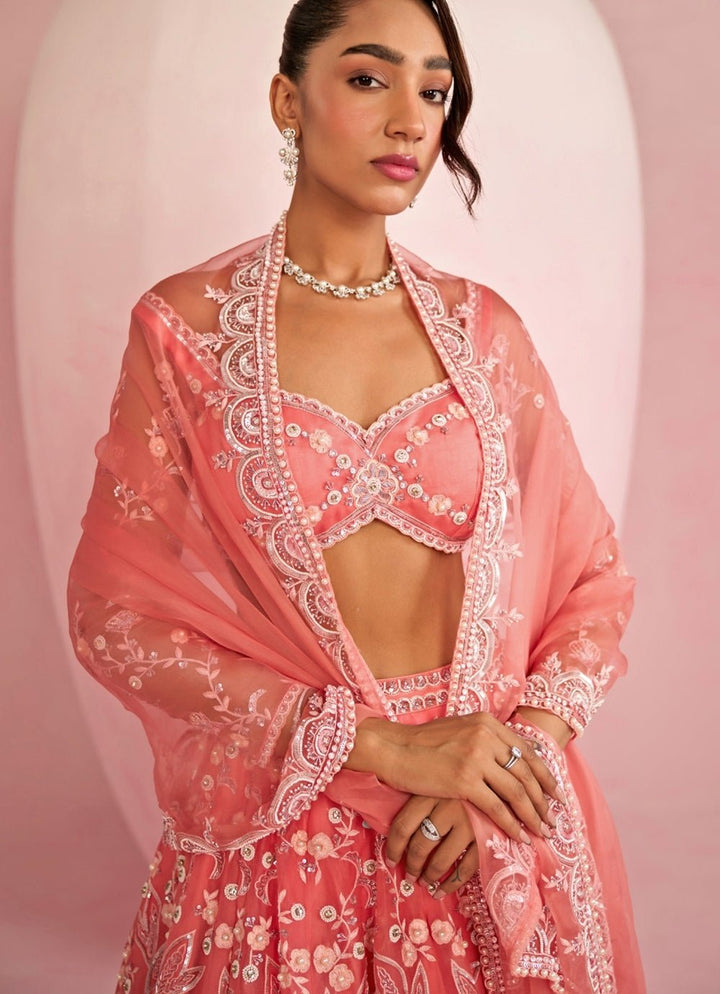 Peach Sequins Embroidered Organza Lehenga Set Prevasu - Fabilicious Fashion