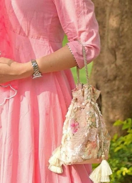 Peach Sequins Embroidered Soft Net Potli Amyra - Fabilicious Fashion