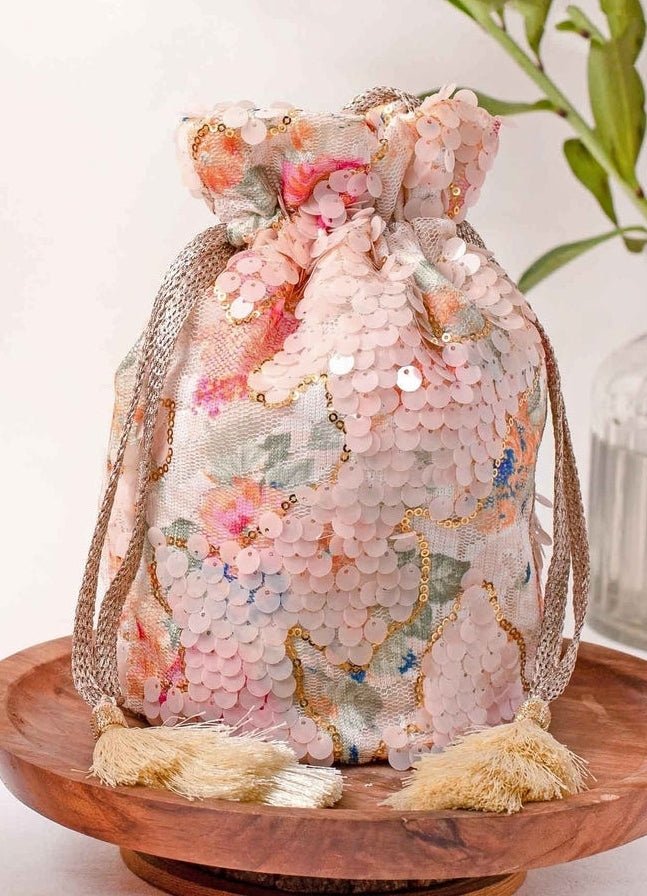 Peach Sequins Embroidered Soft Net Potli Amyra - Fabilicious Fashion