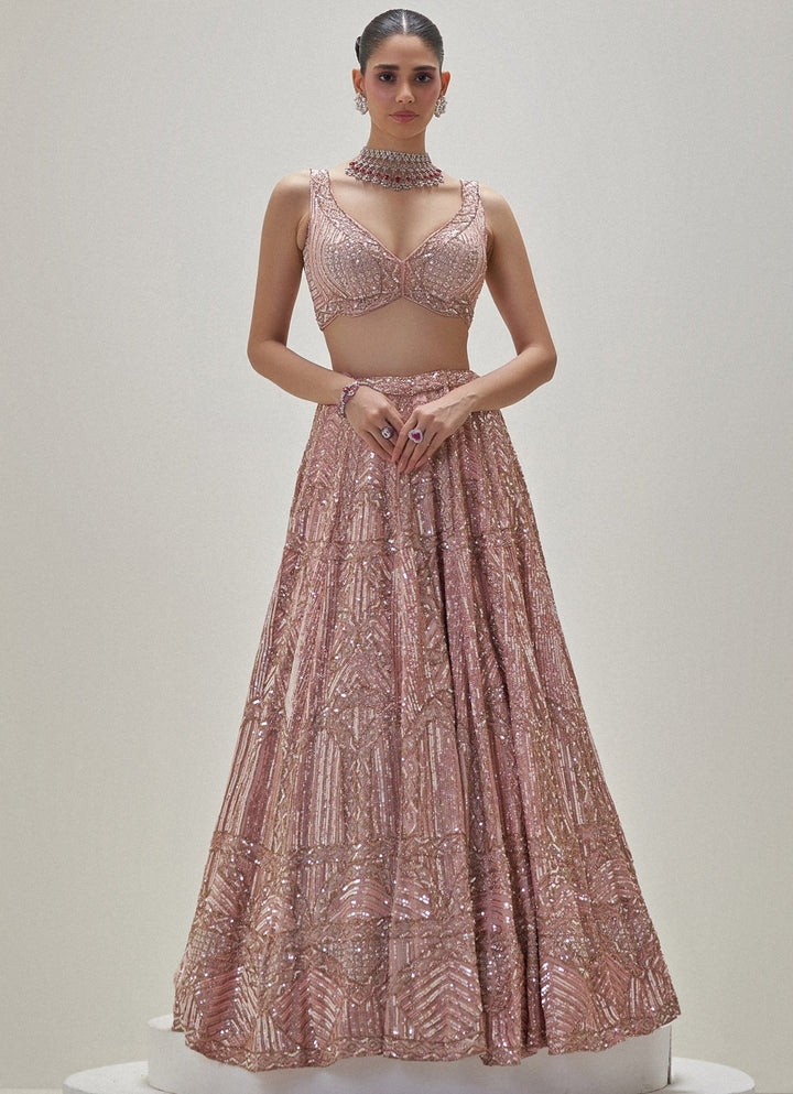 Peach Shimmering Crystal Embroidered Lehenga Set Angad Singh - Fabilicious Fashion