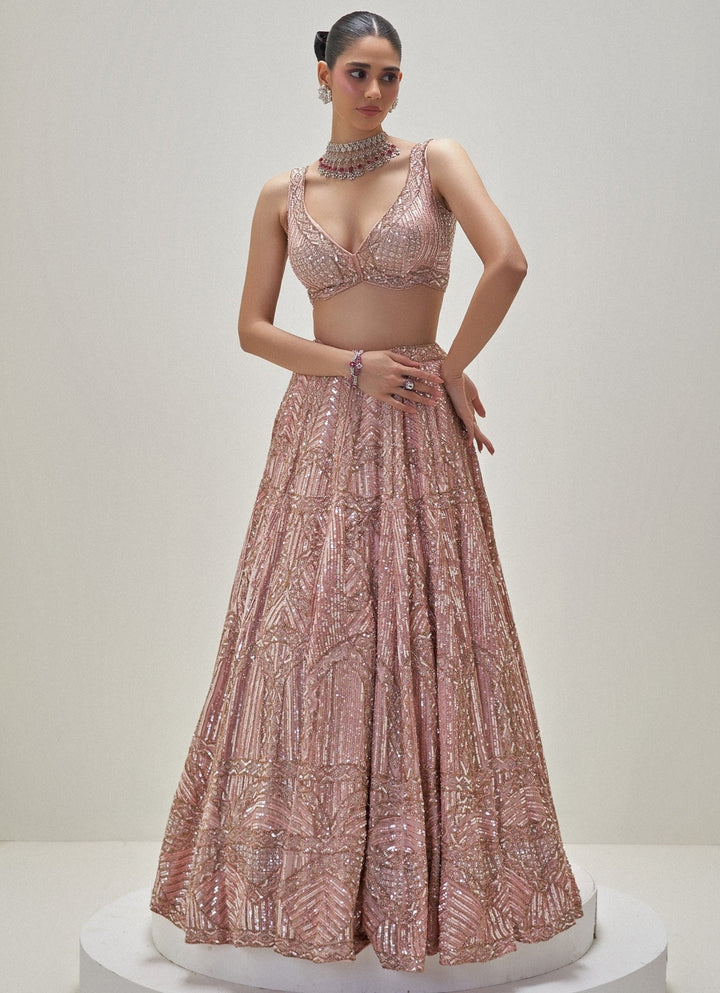 Peach Shimmering Crystal Embroidered Lehenga Set Angad Singh - Fabilicious Fashion