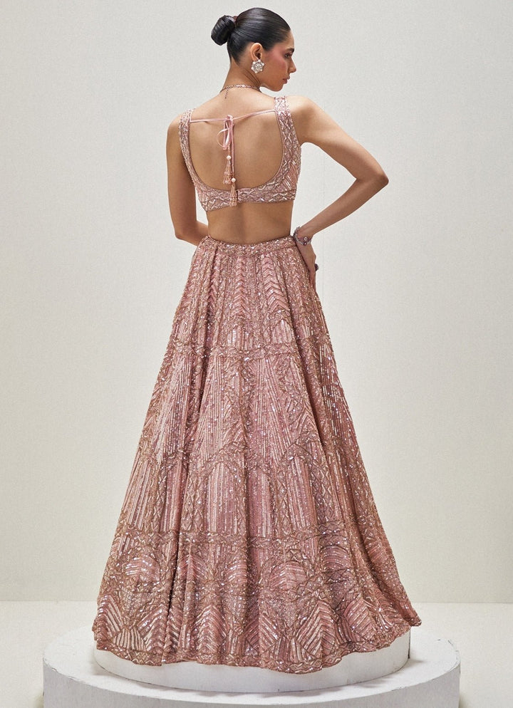 Peach Shimmering Crystal Embroidered Lehenga Set Angad Singh - Fabilicious Fashion