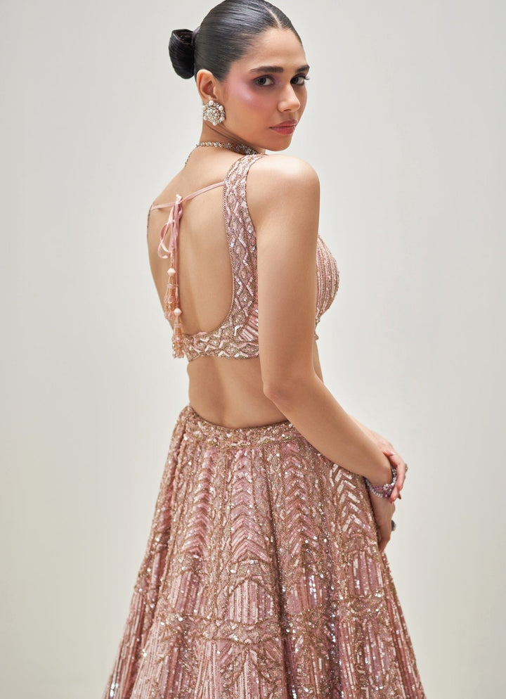 Peach Shimmering Crystal Embroidered Lehenga Set Angad Singh - Fabilicious Fashion