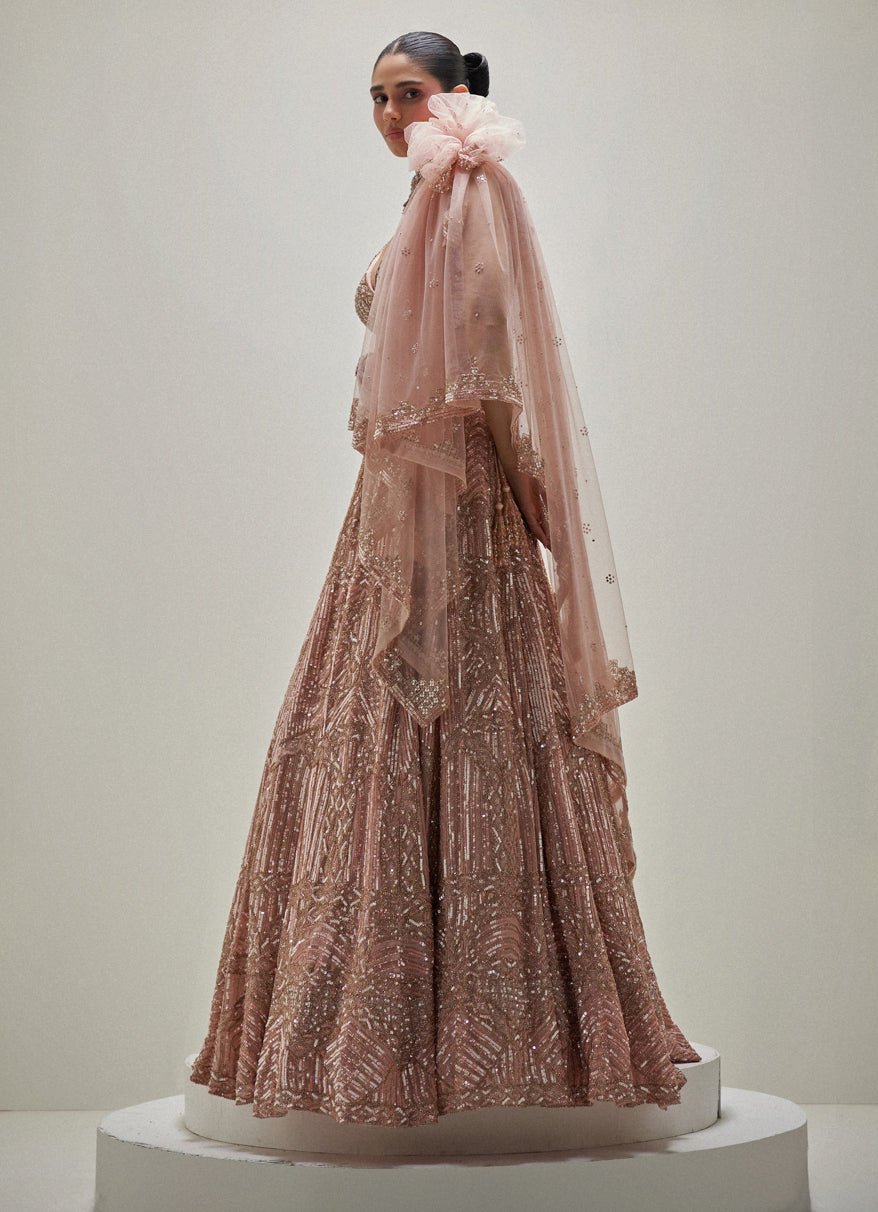 Peach Shimmering Crystal Embroidered Lehenga Set Angad Singh - Fabilicious Fashion
