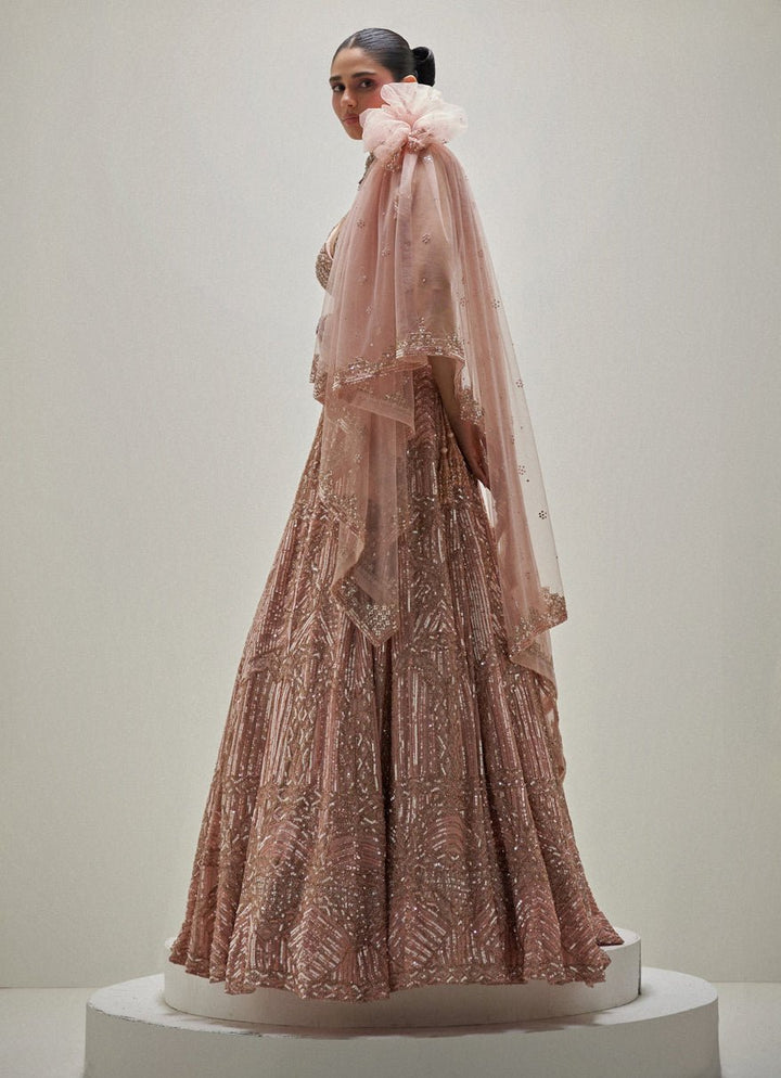 Peach Shimmering Crystal Embroidered Lehenga Set Angad Singh - Fabilicious Fashion