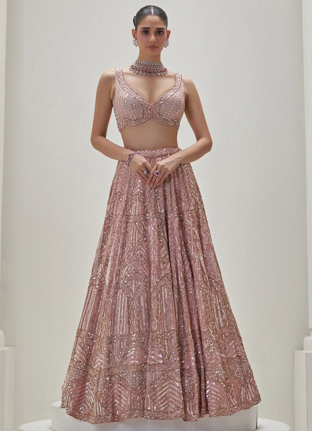 Peach Shimmering Crystal Embroidered Lehenga Set Angad Singh - Fabilicious Fashion