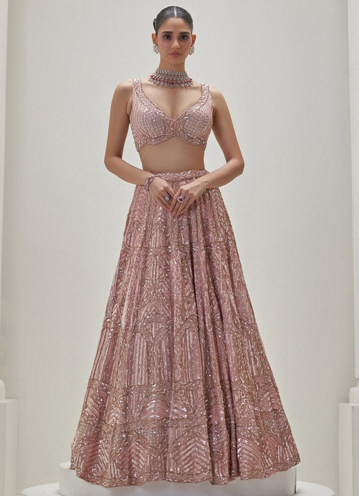 Peach Shimmering Crystal Embroidered Lehenga Set Angad Singh - Fabilicious Fashion