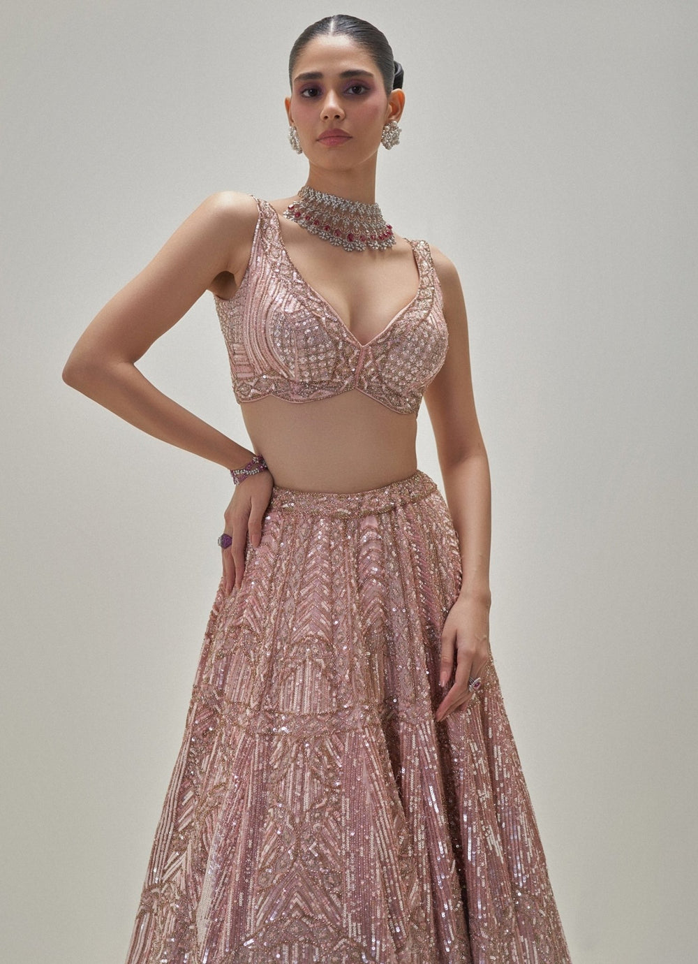 Peach Shimmering Crystal Embroidered Lehenga Set Angad Singh - Fabilicious Fashion