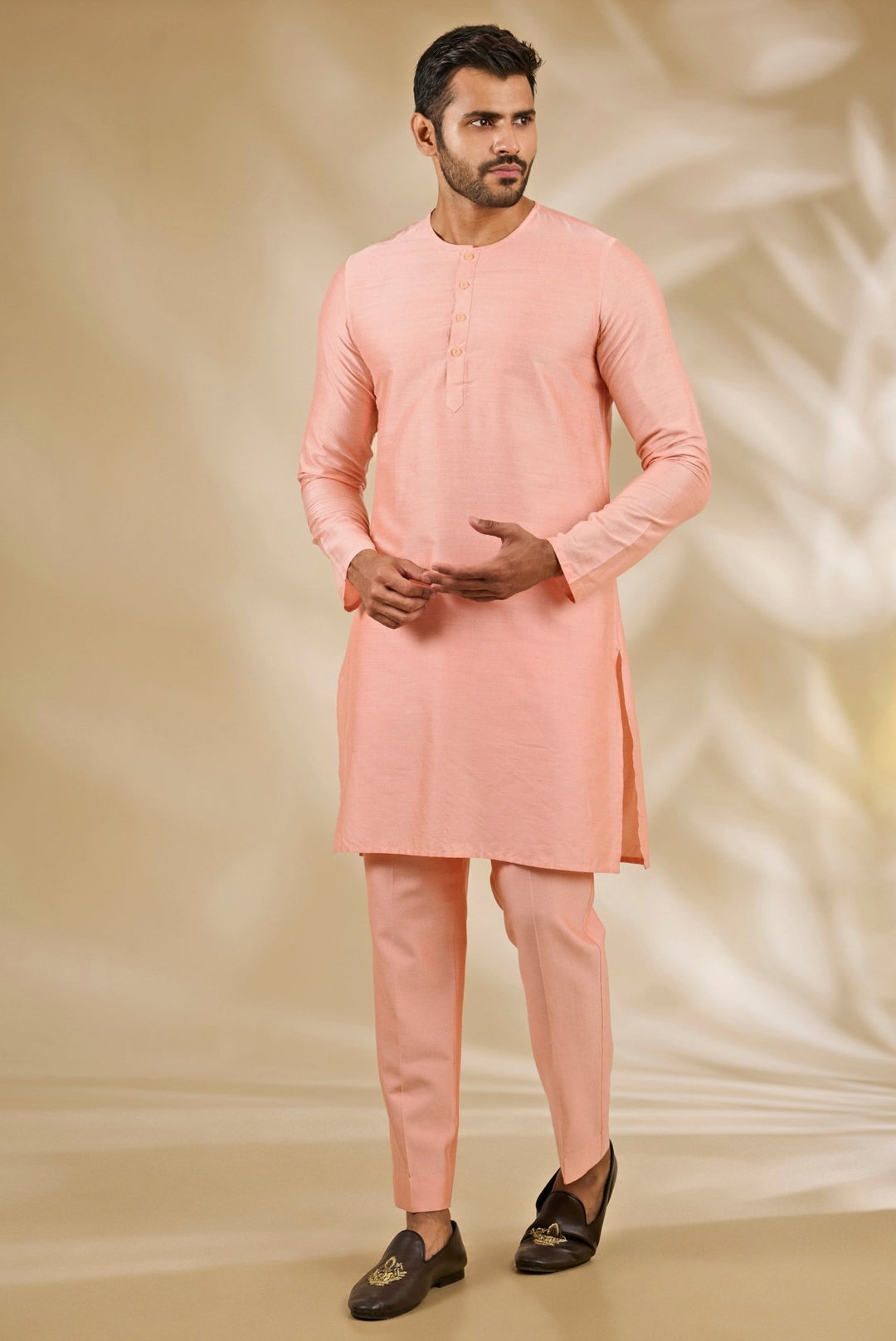 Manish Nagdeo Men Peach Silk Embroidered Bandhgala SetFabilicious Fashion
