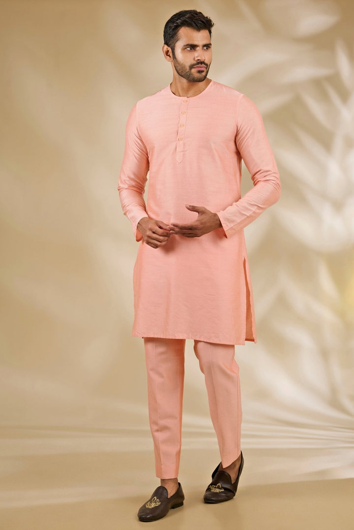 Manish Nagdeo Men Peach Silk Embroidered Bandhgala SetFabilicious Fashion