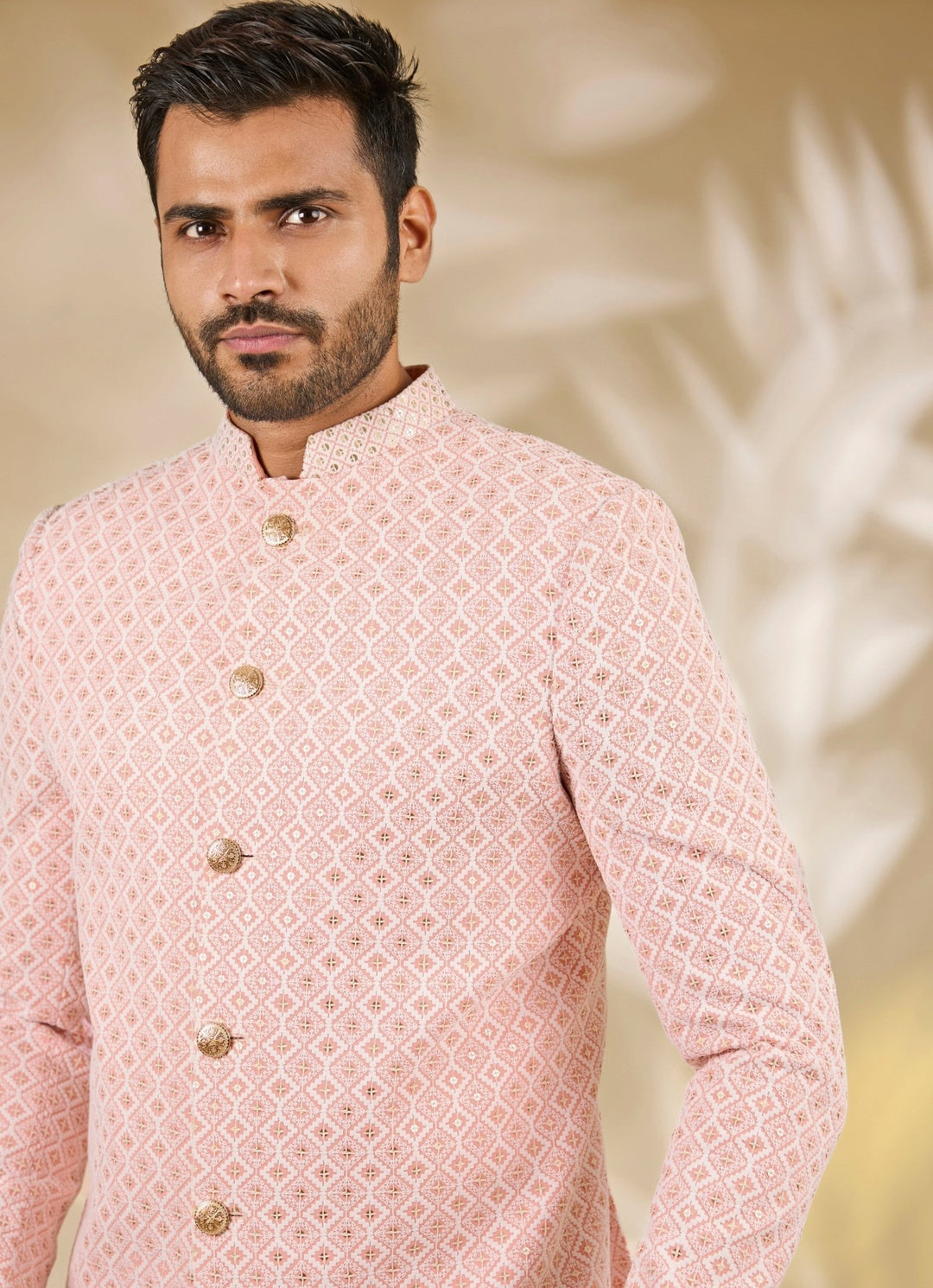 Manish Nagdeo Men Peach Silk Embroidered Bandhgala SetFabilicious Fashion