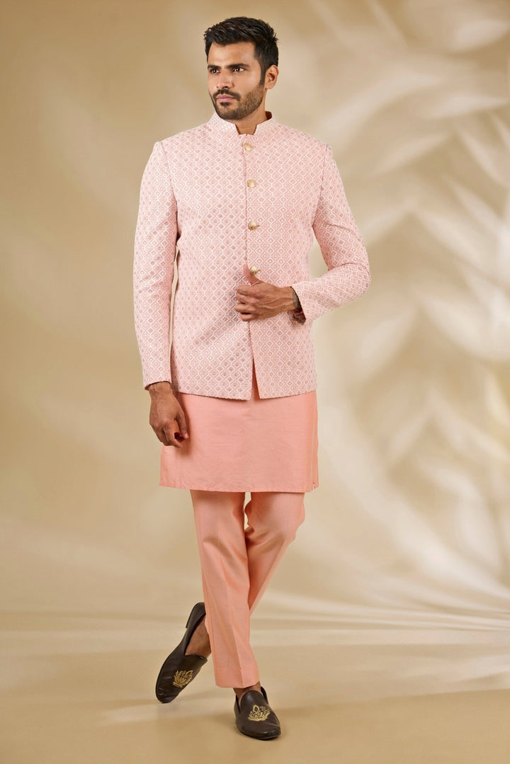 Manish Nagdeo Men Peach Silk Embroidered Bandhgala SetFabilicious Fashion