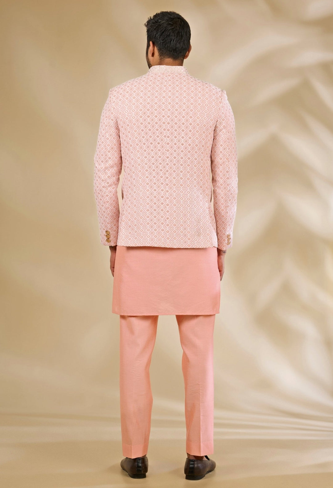 Manish Nagdeo Men Peach Silk Embroidered Bandhgala SetFabilicious Fashion