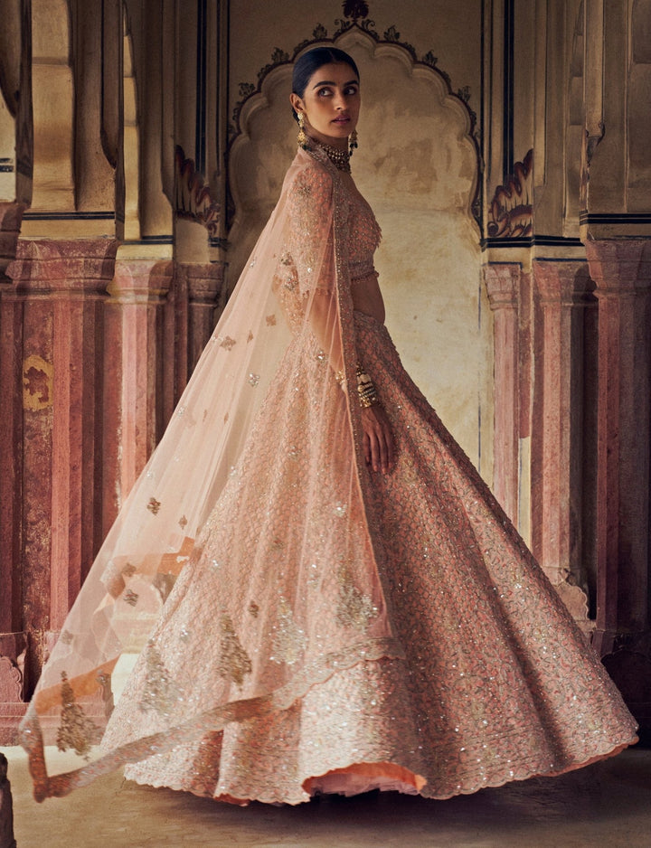 Peach Silk Embroidered Bridal Lehenga Set Nitika Gujral - Fabilicious Fashion