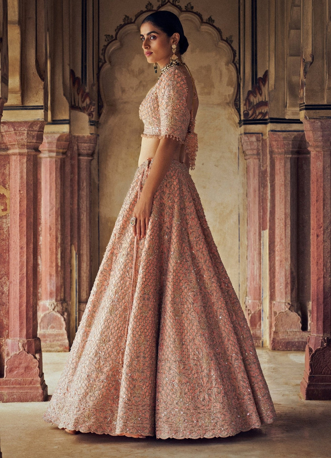 Peach Silk Embroidered Bridal Lehenga Set Nitika Gujral - Fabilicious Fashion