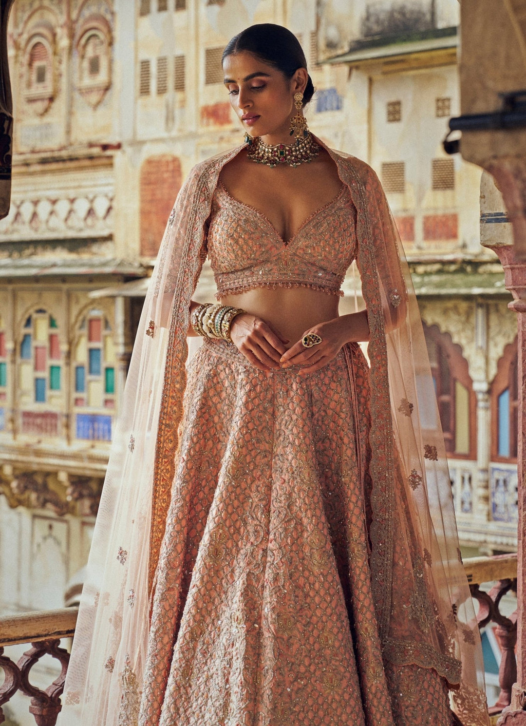 Peach Silk Embroidered Bridal Lehenga Set Nitika Gujral - Fabilicious Fashion