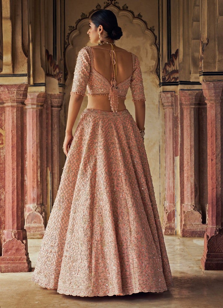 Peach Silk Embroidered Bridal Lehenga Set Nitika Gujral - Fabilicious Fashion