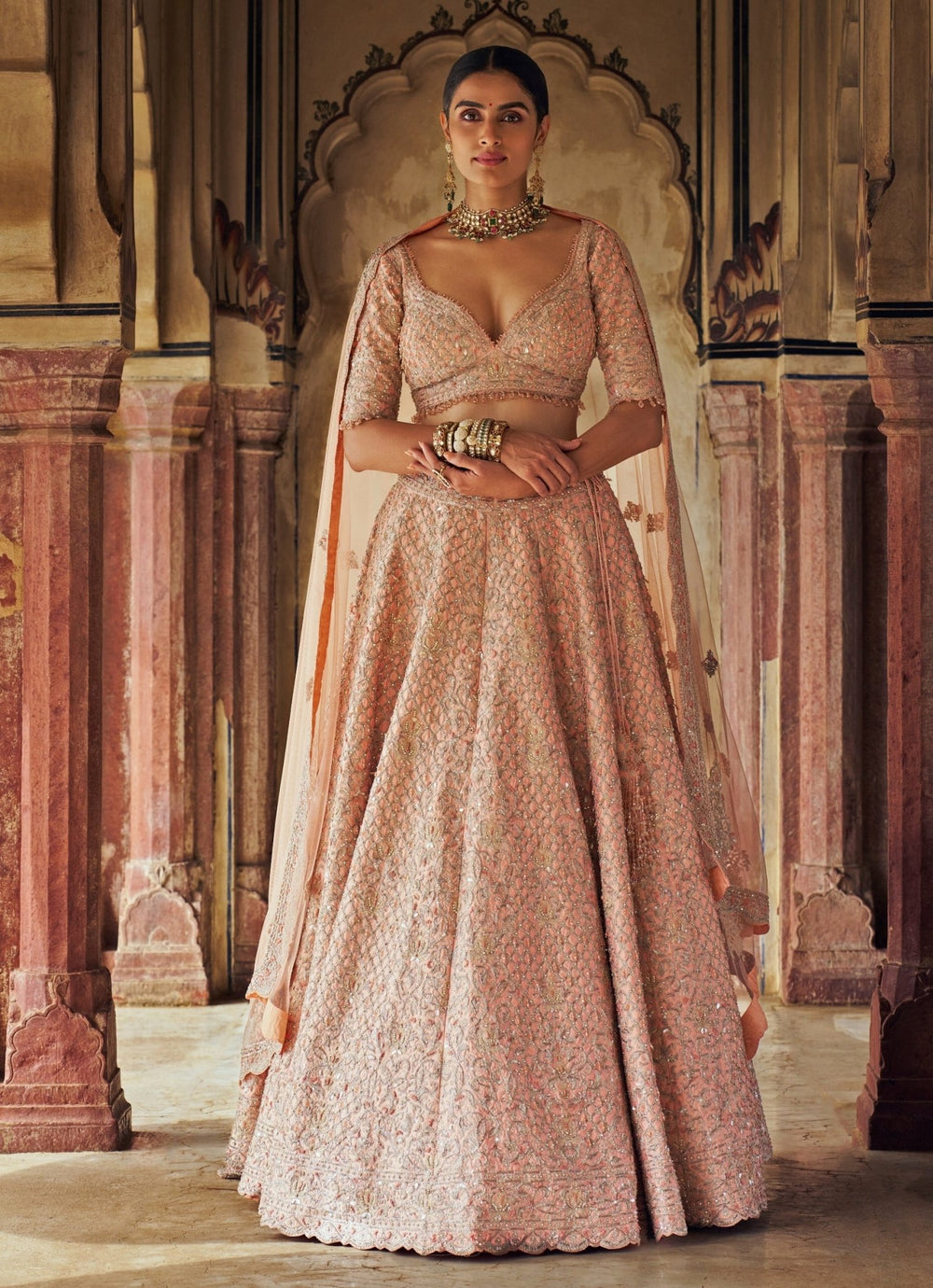 Peach Silk Embroidered Bridal Lehenga Set Nitika Gujral - Fabilicious Fashion