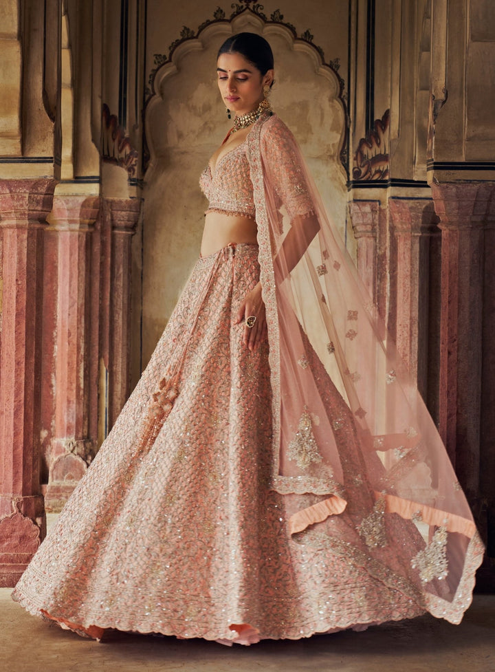 Peach Silk Embroidered Bridal Lehenga Set Nitika Gujral - Fabilicious Fashion