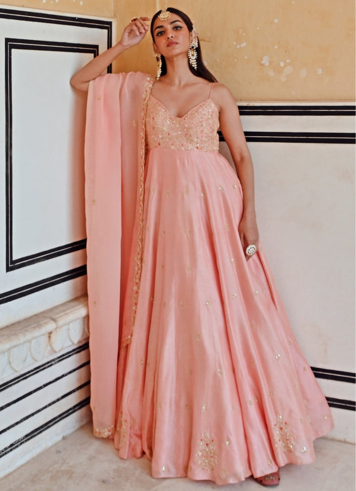 Peach Silk Embroidered Floor - Length Anarkali With Dupatta Ease - Fabilicious Fashion
