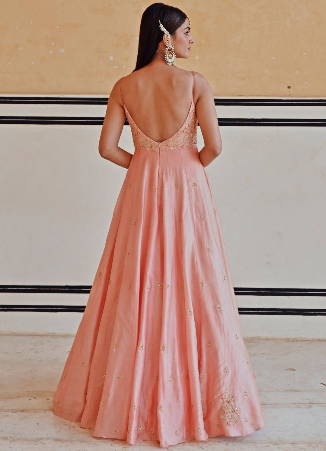 Peach Silk Embroidered Floor - Length Anarkali With Dupatta Ease - Fabilicious Fashion