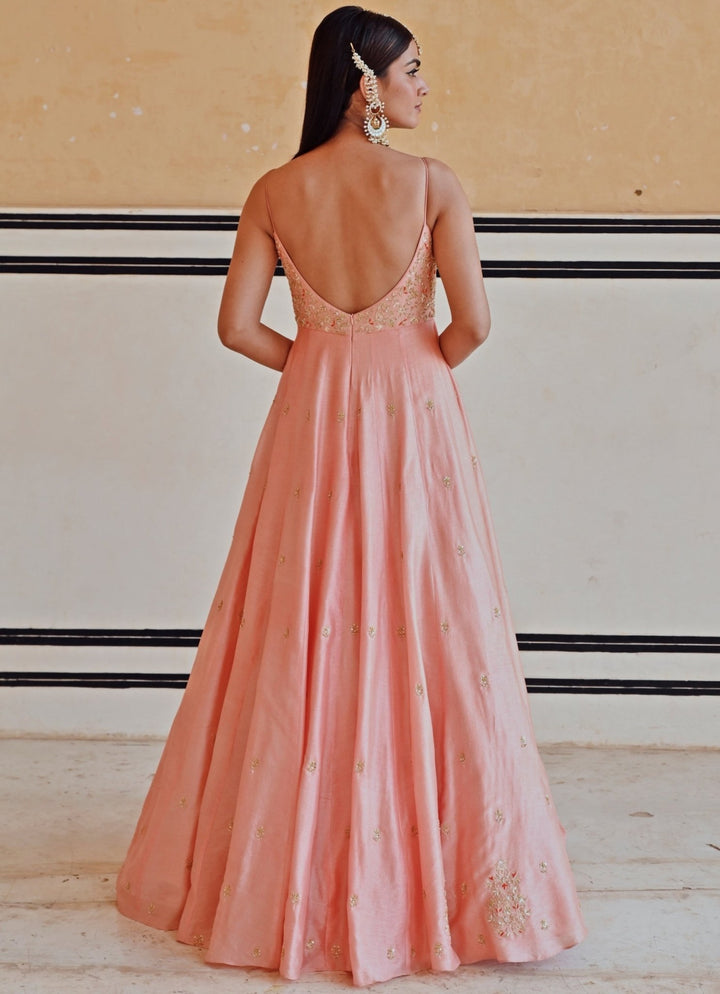 Peach Silk Embroidered Floor - Length Anarkali With Dupatta Ease - Fabilicious Fashion