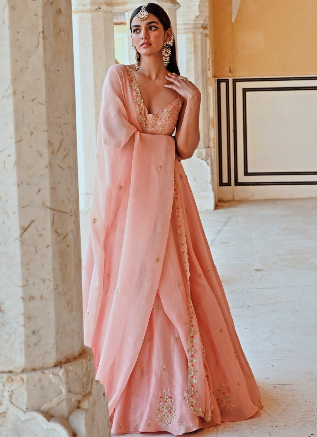 Peach Silk Embroidered Floor - Length Anarkali With Dupatta Ease - Fabilicious Fashion