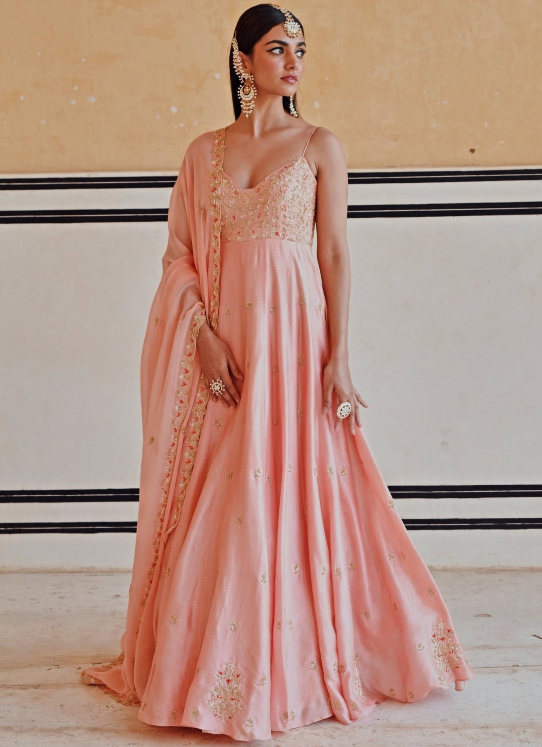 Peach Silk Embroidered Floor - Length Anarkali With Dupatta Ease - Fabilicious Fashion