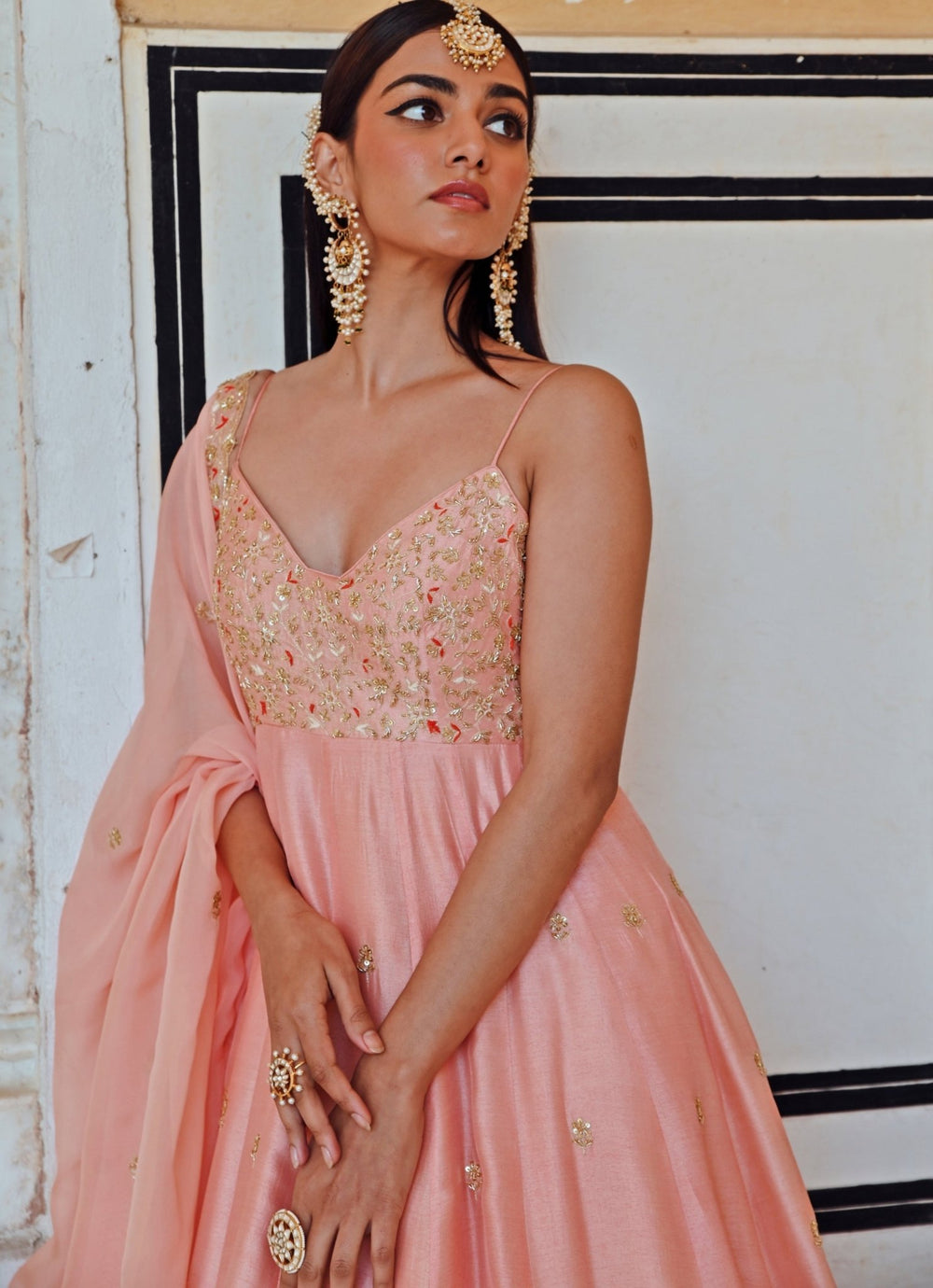 Peach Silk Embroidered Floor - Length Anarkali With Dupatta Ease - Fabilicious Fashion