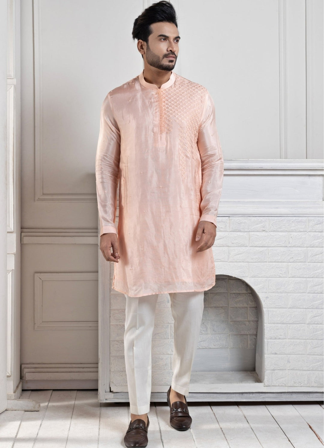 Peach Silk Embroidered Kurta Pant Set Smriti - Fabilicious Fashion