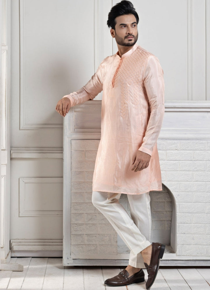 Peach Silk Embroidered Kurta Pant Set Smriti - Fabilicious Fashion