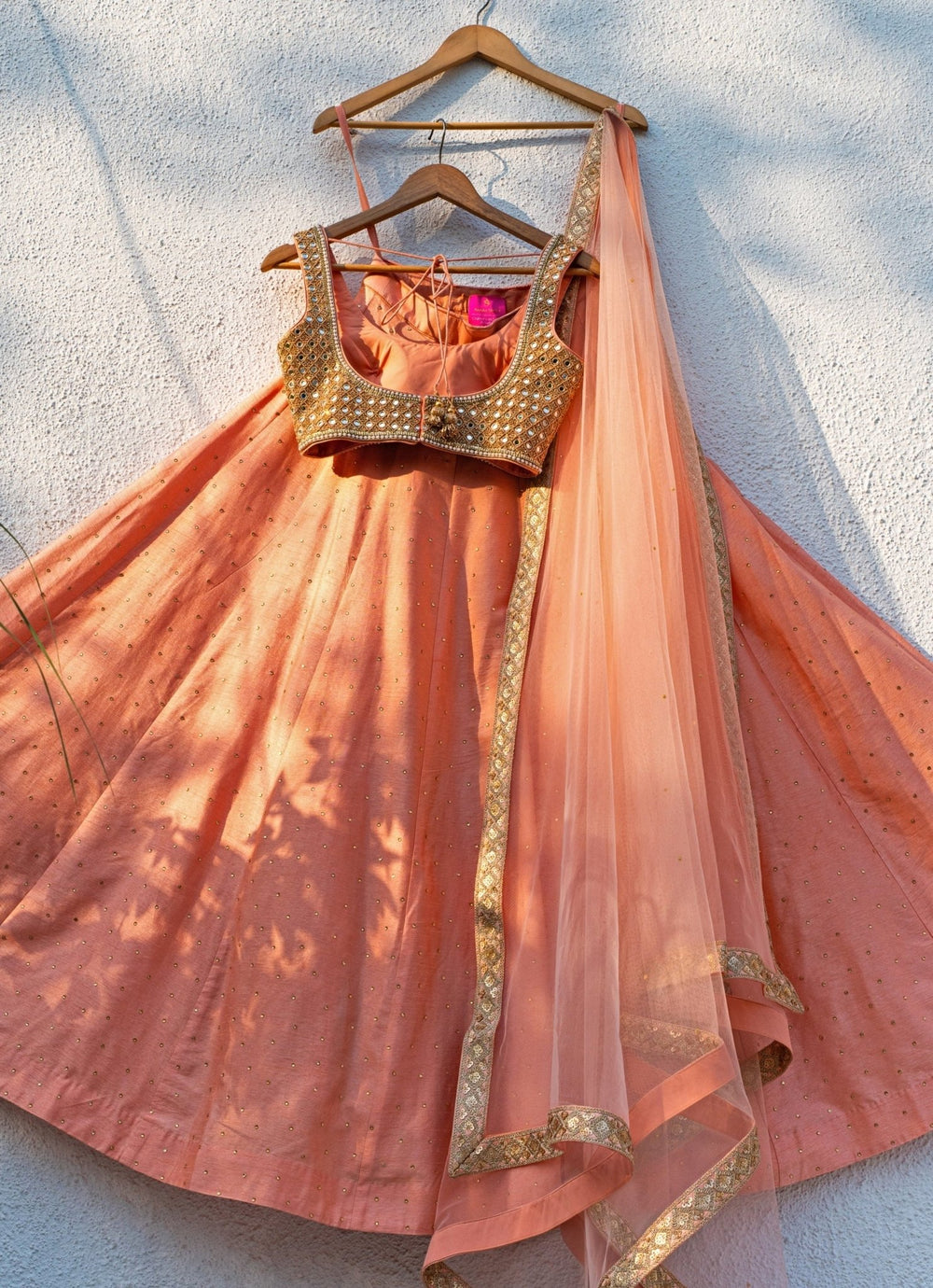 Peach Silk Lehenga Set With Mirror Blouse Anisha Shetty - Fabilicious Fashion