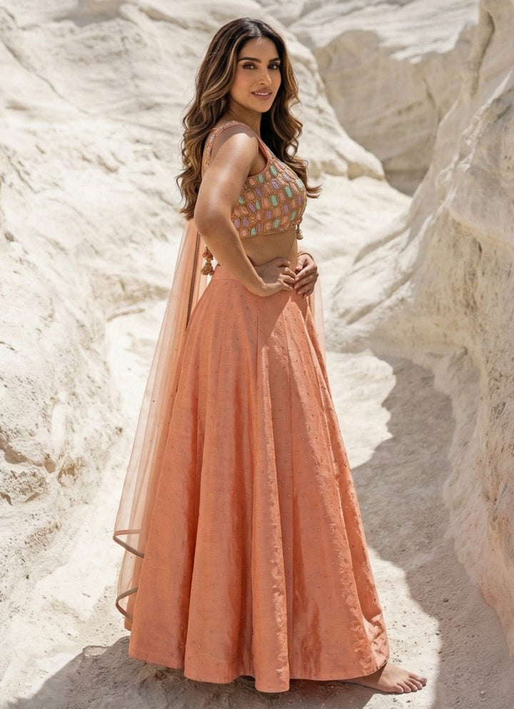 Peach Silk Lehenga With Multicolour Blouse Anisha Shetty - Fabilicious Fashion