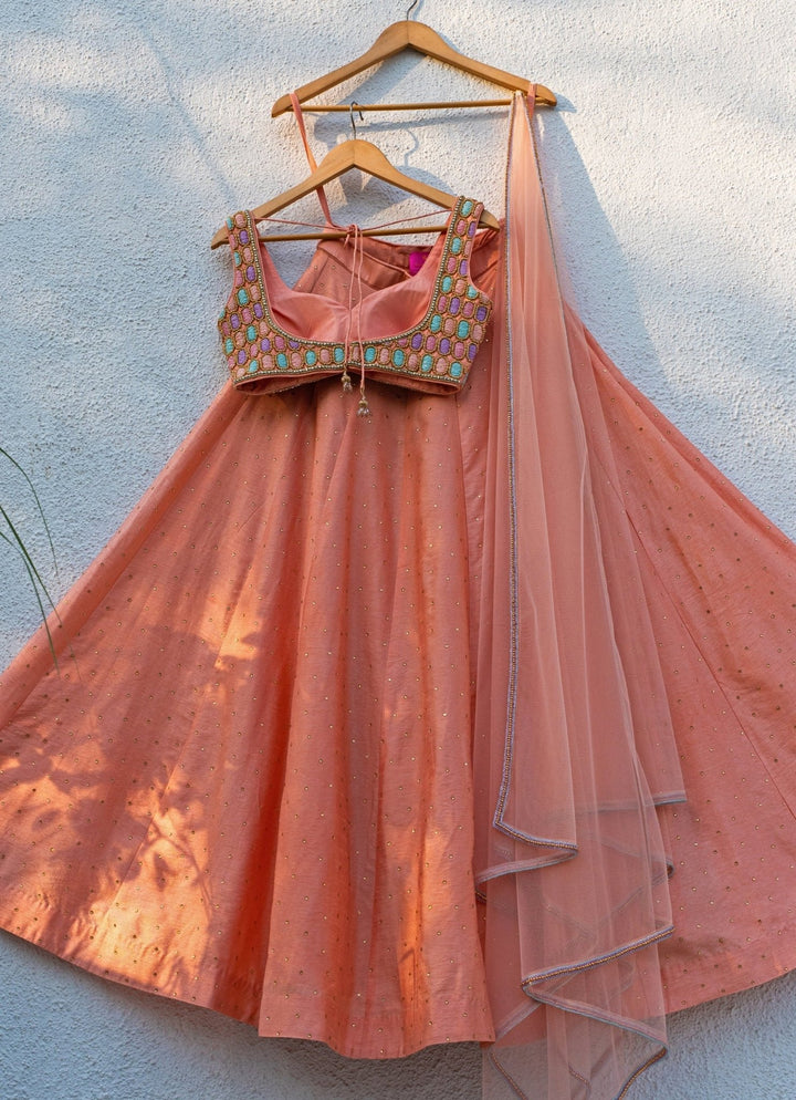 Peach Silk Lehenga With Multicolour Blouse Anisha Shetty - Fabilicious Fashion