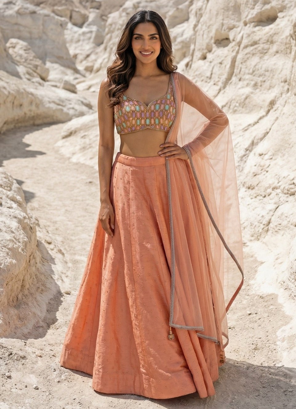 Peach Silk Lehenga With Multicolour Blouse Anisha Shetty - Fabilicious Fashion